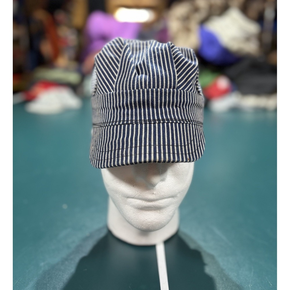 Vintage Hickory Stripe Engineer Cap Blue White Railroad Workwear Hat Size 6 7/8